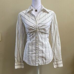 LOFT Office Siren Boho White & Black Stripe Babydoll Button Up Shirt Sz 8